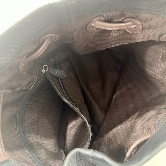 Cole Haan Black Brown Pebbled Leather Tassel Drawstring Bucket Bag Purse - Picture 10 of 12